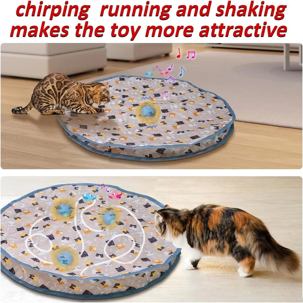 Automatic rolling cat toy for active indoor play and stimulation.