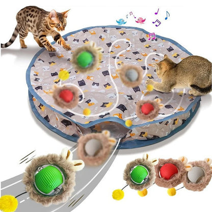 Automatic rolling cat toy for active indoor play and stimulation.