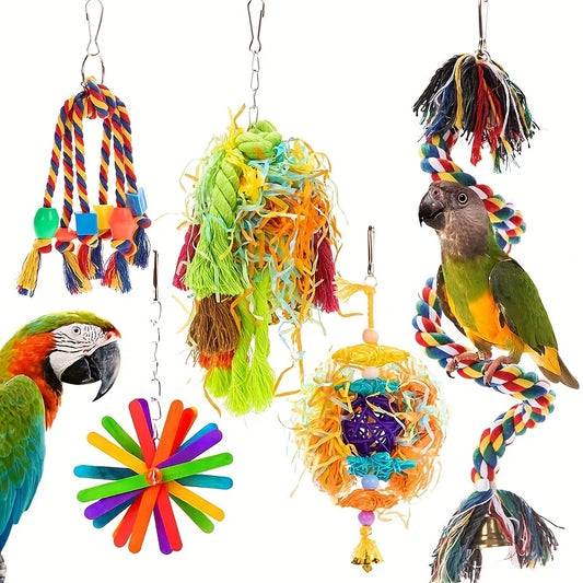 Parrot Chew Toy Set (5pcs) Rope, Rattan Balls & Paper Toys in Random Colors