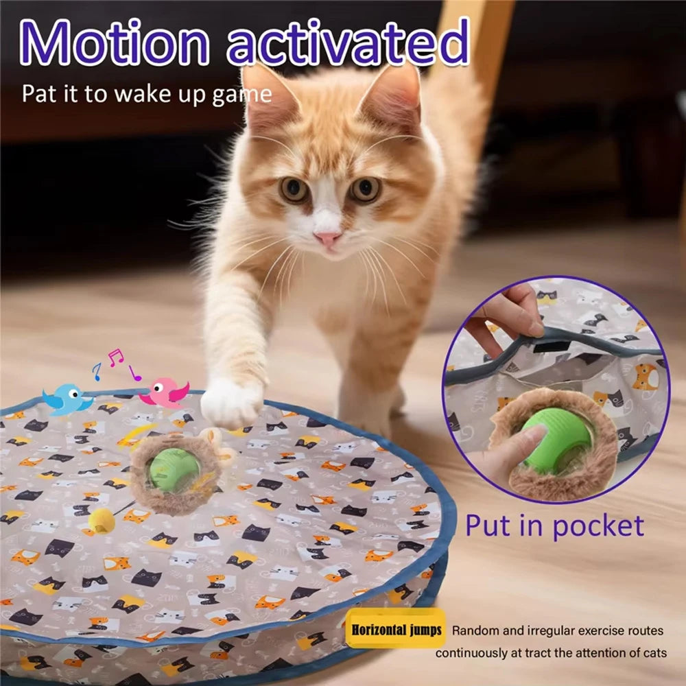 Automatic rolling cat toy for active indoor play and stimulation.